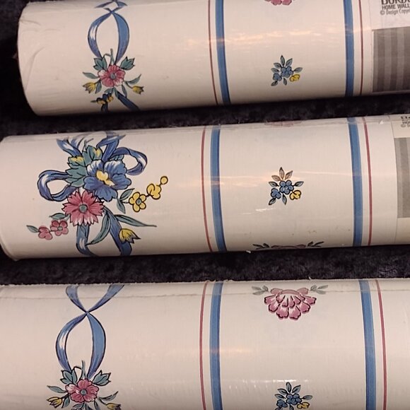 Vintage 3 Rolls Borden Wallpaper Blue Mauve Striped Bows Flowers Cottage Core‎ - Picture 3 of 11